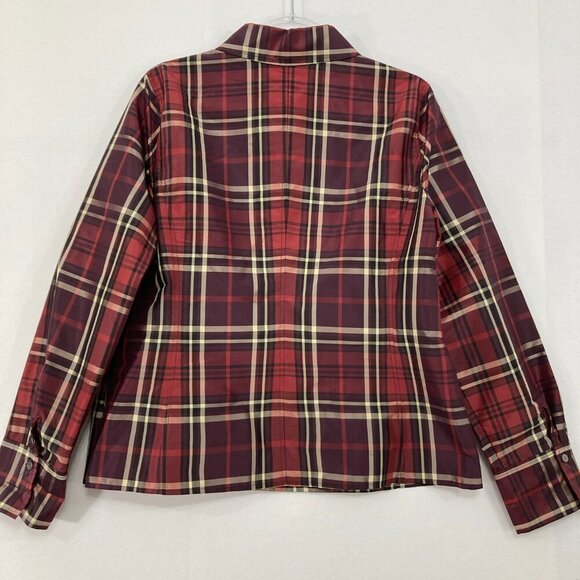 New Talbots size 16 Burgundy Plaid Faux Wrap Pure Silk Taffeta Office Blouse - Picture 10 of 12